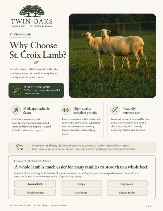 Cover of the Twin Oaks St. Croix lamb brochure showing two sheep in a pasture