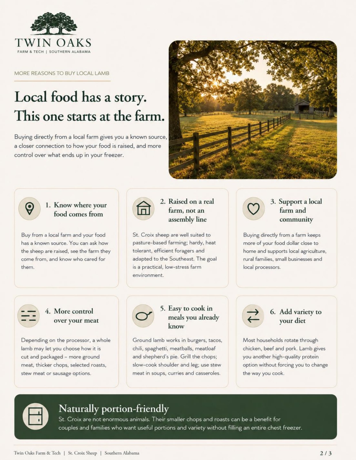 Brochure page 2: Reasons to buy local lamb, including knowing the farm, supporting the community, and choosing how to prepare the meat.