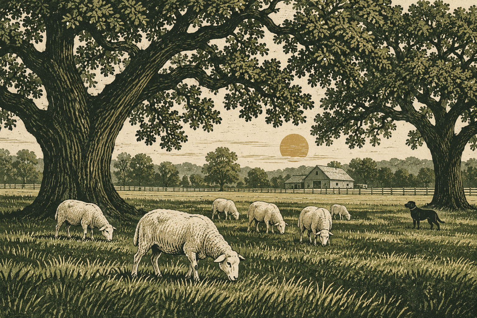 White sheep grazing beneath large oak trees on a Southern farm